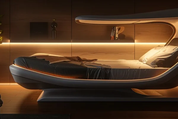 a sleek, modern bedroom interior featuring a stylish bed positioned at an optimal angle, illuminated by soft, ambient lighting, exemplifying the concept of positional therapy for managing sleep apnea.